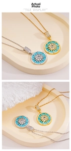 Close-up of starburst pendants with blue enamel and micro-pave zircons in gold and silver