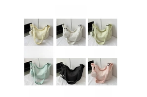 Quilted semi-circular crossbody bags shown in six colors with mini fashion pouches