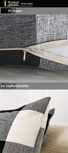Close-up of black and white plaid pillowcase with invisible zipper and woven texture