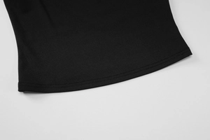 Close-up of black strapless crop top hemline with double-needle stitching details