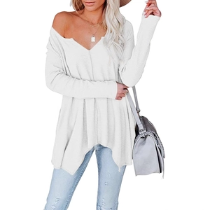 Pull blanc en maille gaufre pour femme avec épaules dénudées et col en V
