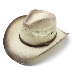 Classic woven straw cowboy hat with gradient finish and decorative leather band