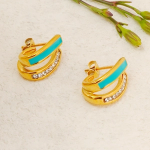 Luxury 18K gold plated stainless steel geometric earrings with green enamel and tiny crystals
