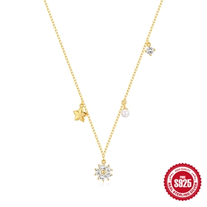 Star Pendant Necklace 925 Sterling Silver With Artificial Pearl Zirconia Charm Elegant Jewelry For Women Fashion Accessory