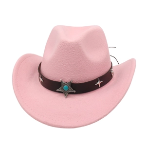 Detail of pink felt hat with leather band and turquoise star emblem engraving