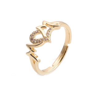 Detailed close-up of MOM open ring with zircon-encrusted heart and gold plating