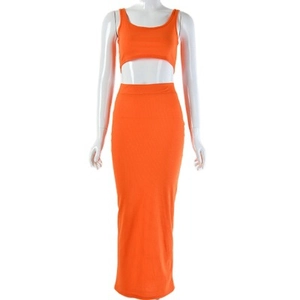 Two-piece ribbed knit set featuring an orange cropped tank top and long maxi skirt