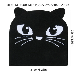 Detailed dimensions of cat ear knit beanie with 56-58cm circumference and cute embroidery