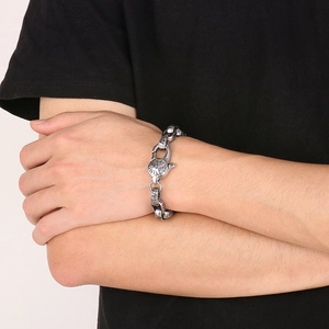 Retro punk oval chain bracelet with intricate Egyptian carvings and star buckle