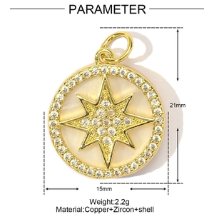 Detailed dimension guide for golden octagram pendant with zircon and shell inlay