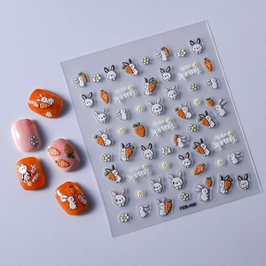 3D embossed rabbit and carrot nail art stickers with Hello Spring cartoon floral patterns
