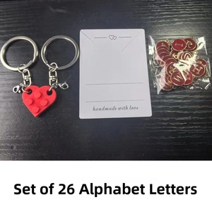 DIY brick heart keychain set with 26 red letter charms and handmade with love card