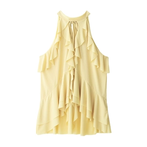 Detail of light yellow sleeveless halter top featuring layered ruffles and soft chiffon fabric