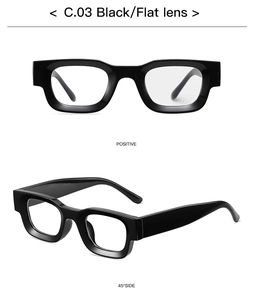 Detail view of square punk sunglasses featuring black polarized lenses and thick frame