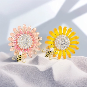 Elegant Enamel Sunflower And Bee Brooch Alloy Rhinestone Daisy Flower Corsage With Imitation Artificial Pearl Jewelry For Women