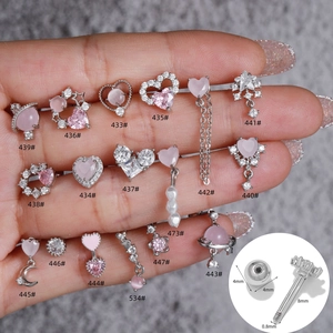 Pink heart stud earring set in stainless steel with cat eye stone and chain pendant