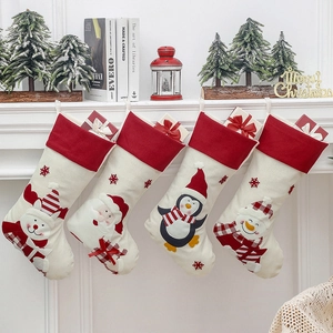 Christmas Stockings Linen Gift Bags With Santa Snowman Penguin Reindeer Applique For Fireplace Hanging Decoration