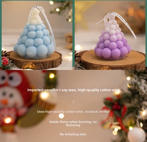 Detail of Christmas tree bubble candles in blue and purple gradients with soy wax texture