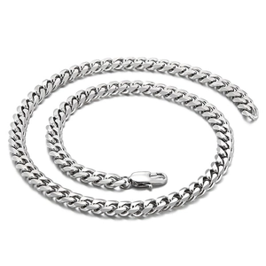 Polished stainless steel Cuban link chain necklace with lobster clasp for men