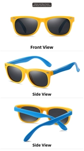 Detailed views of yellow and blue kids polarized sunglasses with grey lenses