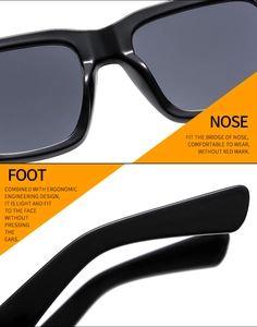 Close-up of ergonomic nose pads and streamlined temples of black square sunglasses