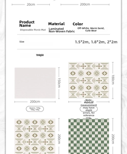 Size chart for disposable picnic mats in various dimensions and cute patterns