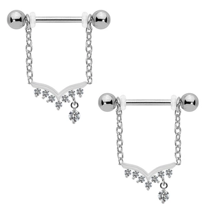 Silbernes Nippelpiercing-Paar mit V-förmigem Kristallrahmen und hängender Kette