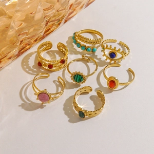 Elegant 7-piece 14K gold plated stainless steel ring set with colorful natural stones
