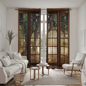 Detail of 3D digital printed blackout curtains featuring a scenic forest window view