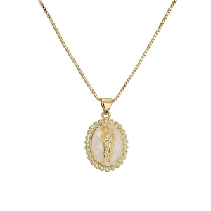 Religious mother of pearl saint pendant necklace in gold with zircon accents
