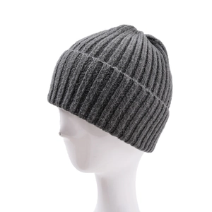 Detail of grey rib-knit beanie showing the thick texture and folded cuff for winter