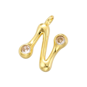 Detail of 18K gold-plated letter N pendant with bamboo style and zircon accents
