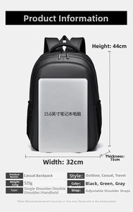 Detailed view of large black travel backpack dimensions showing 15.6 inch laptop storage space