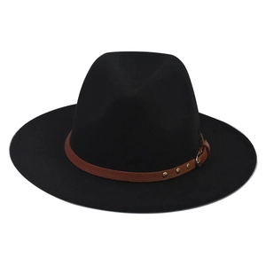 Classic black wool fedora hat featuring a brown leather strap with gold studs