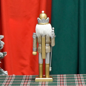 Back view of 30cm gold and silver wooden king nutcracker with sparkling glitter details