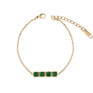 Elegant gold titanium steel bracelet featuring four circular green gemstones and lobster clasp