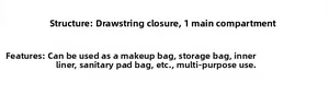 Detail guide showing drawstring storage bag features for cosmetics and personal items