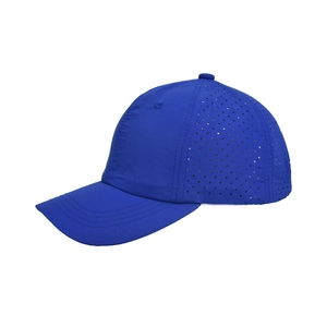 Detail of blue quick-dry baseball cap featuring breathable laser-cut side ventilation holes
