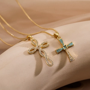 Cross Pendant Necklace Copper Gold Plated Zircon Turquoise Color Box Chain Retro Hip Hop Jewelry For Women