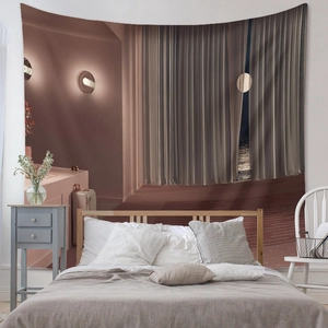 Detail of bohemian surrealist wall tapestry with pink interior and moonlit sea window view