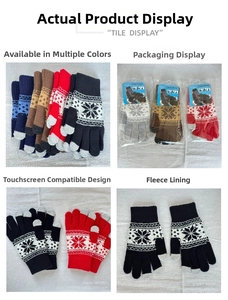 Close-up of snowflake pattern knit gloves with touchscreen tips and warm fleece lining