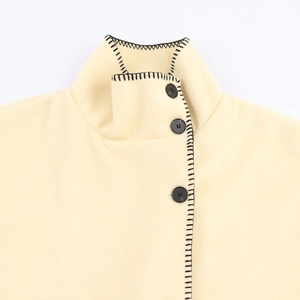 Elegant beige high-neck wool coat with black contrast stitching and decorative buttons