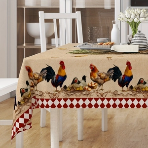 Detailed view of rustic chicken pattern tablecloth with red and white checkered borders
