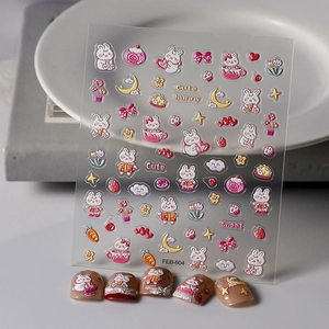 Nail Art Stickers 5D Relief Embossed Cute Cartoon Bunny Strawberry Moon Sweet Kawaii Design Self Adhesive Decals For Women