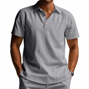 Close-up of gray linen polo shirt showing breathable fabric texture and button detail
