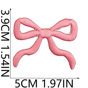Pink embroidered bow patch measuring 5cm in width and 3.9cm in height for DIY clothes