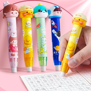 Retractable cartoon pen-style erasers in multiple colors being used on a notebook