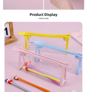 Detailed set of clear PVC pencil cases in yellow, blue, and pink with vibrant zipper borders