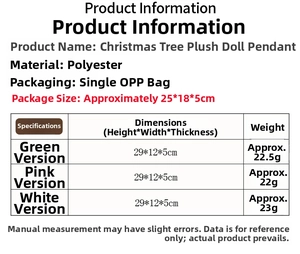 Detailed size chart for Christmas tree plush doll pendants in pink, green, and white
