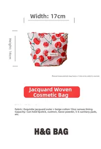 Detailed view of fresh cherry pattern jacquard fabric and cotton canvas lining on makeup bag